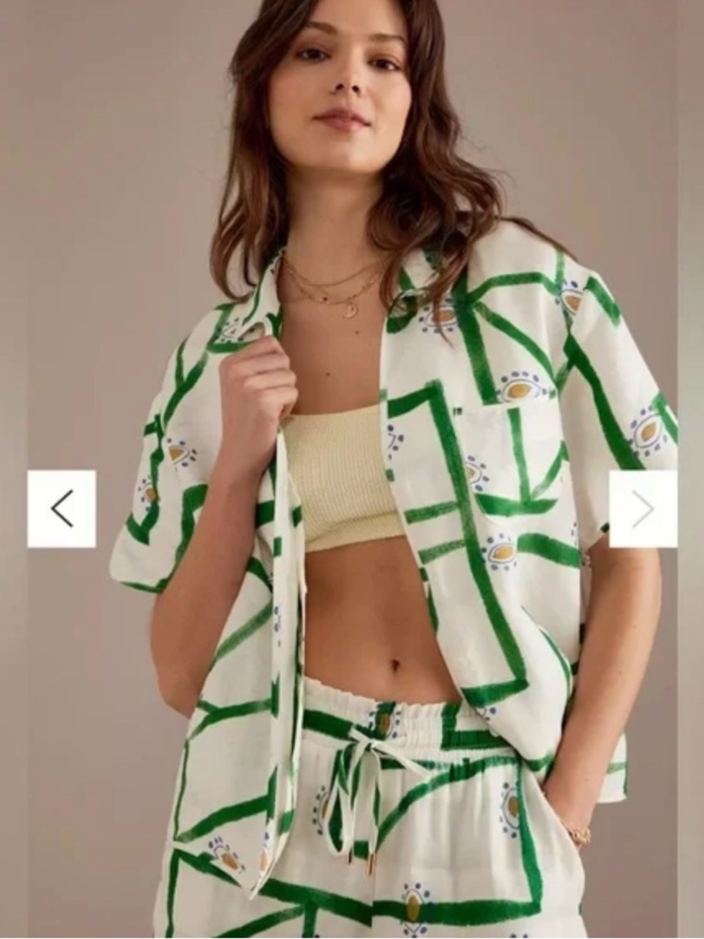 Commense  Short-Sleeve Geometric Print Shirt in Cream and Dark Green